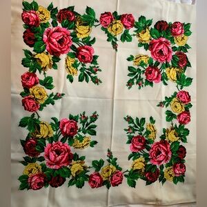 Vintage Wool Scarf Roses Red Yellow Pink